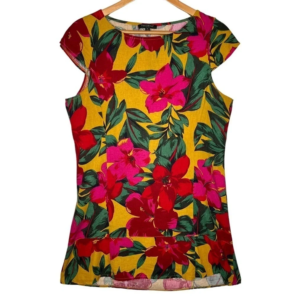 For Cynthia Womens Linen Dress Size Petite Large Hawaiian Tropical Floral Print